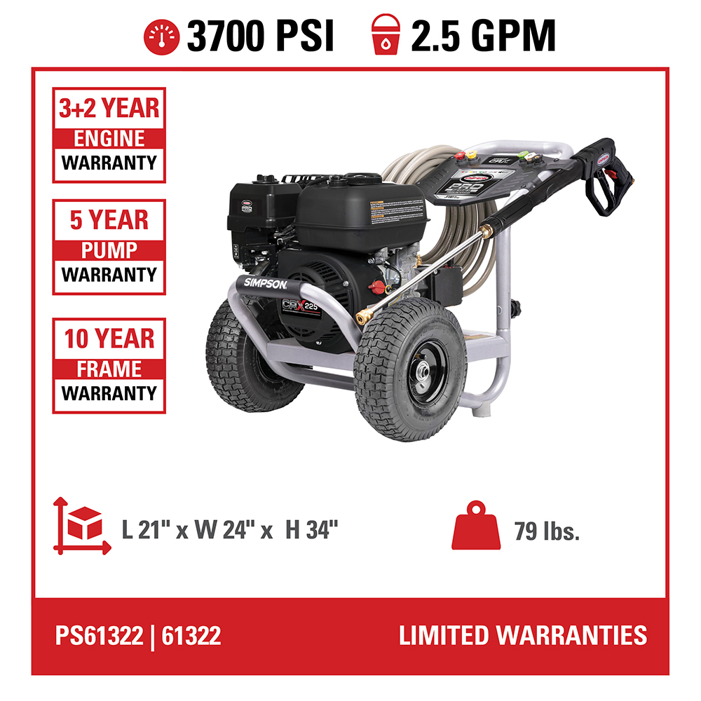 Pro Series Cold Water Power Washer PS61322 50-State 3700 PSI at 2.5 GPM - Part#61322