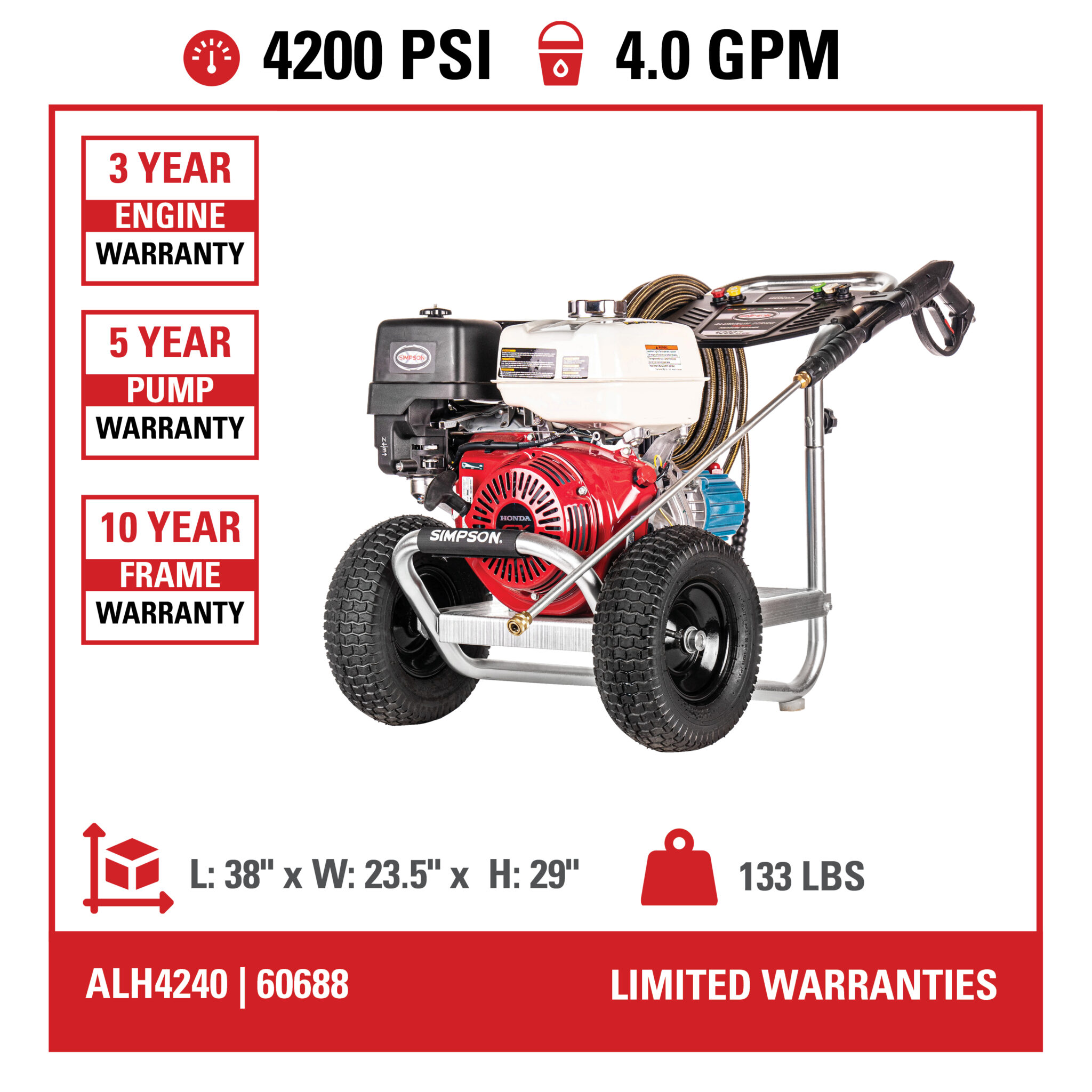Aluminum ALH4240 49-State 4200 PSI at 4.0 GPM HONDA® GX390- PArt#60688