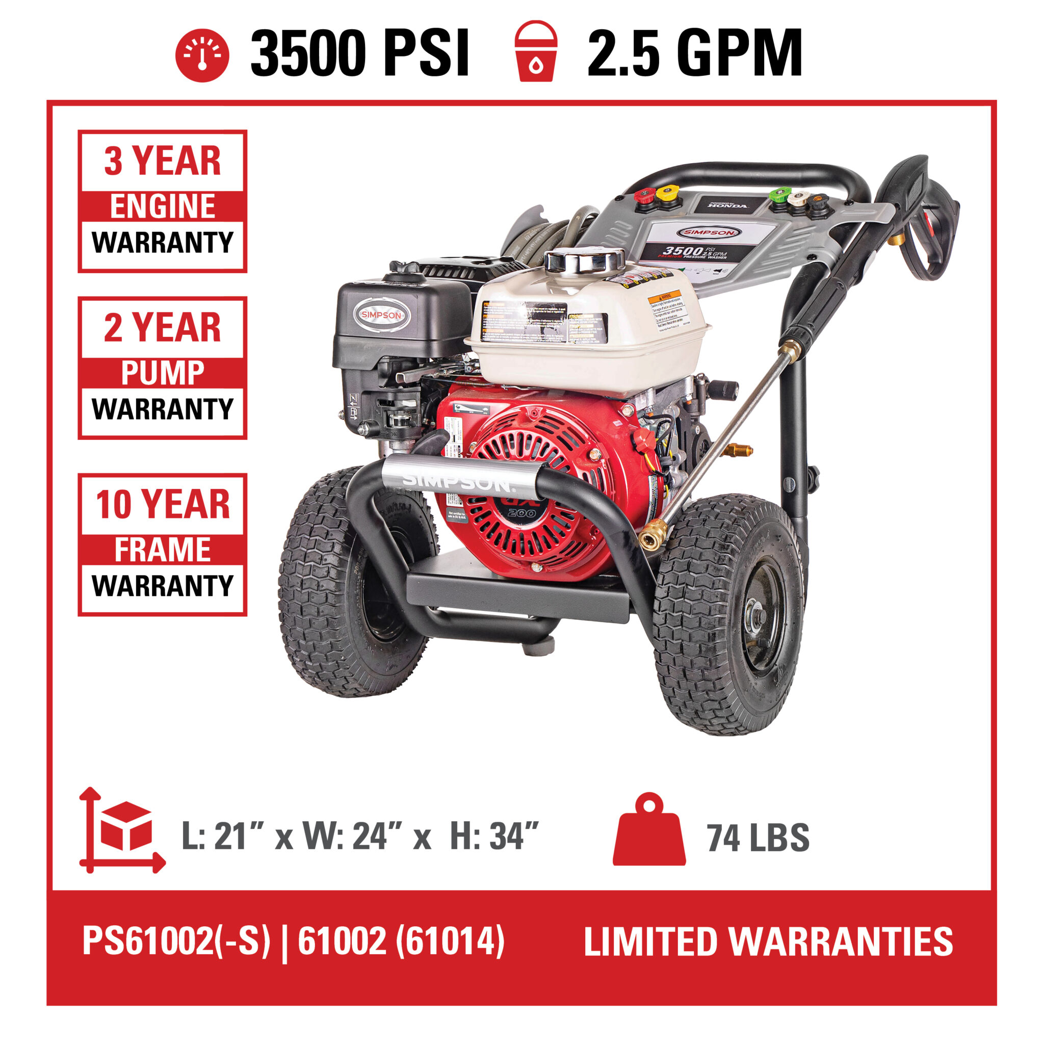 PowerShot PS61002(-S) 49-State 3500 PSI at 2.5 GPM HONDA® GX200- Part#61014