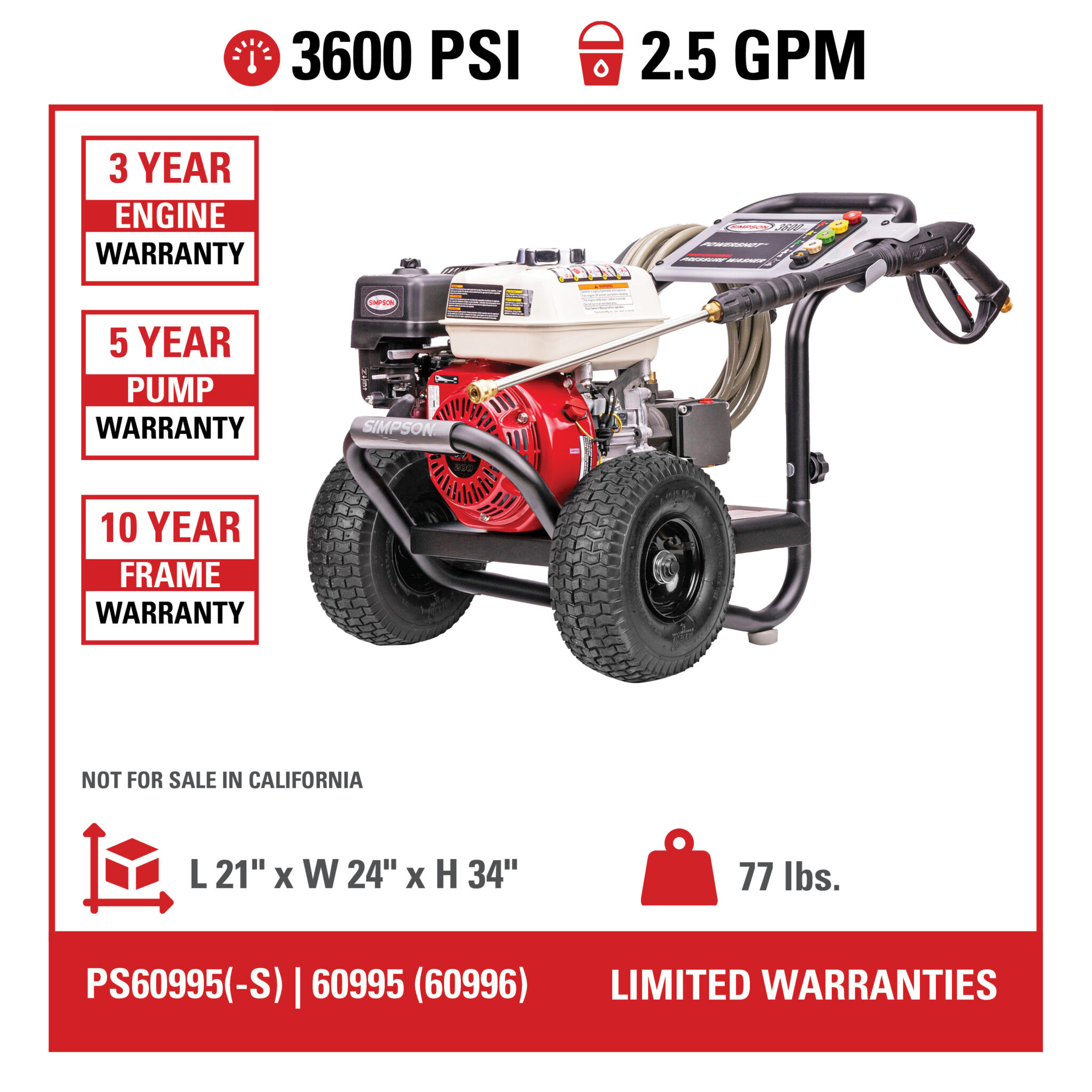 Simpson Pro Series Cold Water Power Washer PS61433 3600 PSI at 2.5 GPM - Part#61433