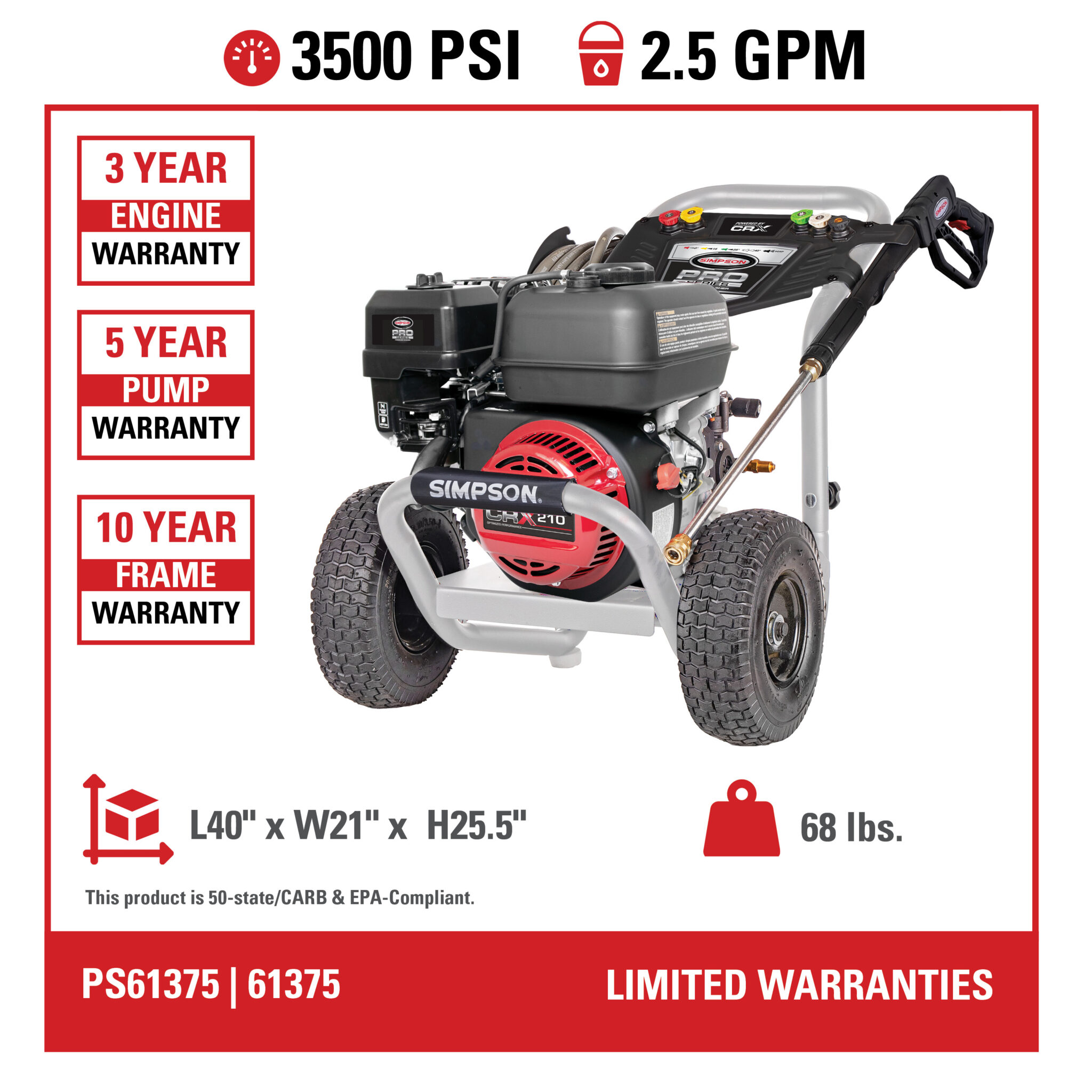 Simpson Pro Series Cold Water Power Washer PS61375 3500 PSI at 2.5 GPM - Part#61375