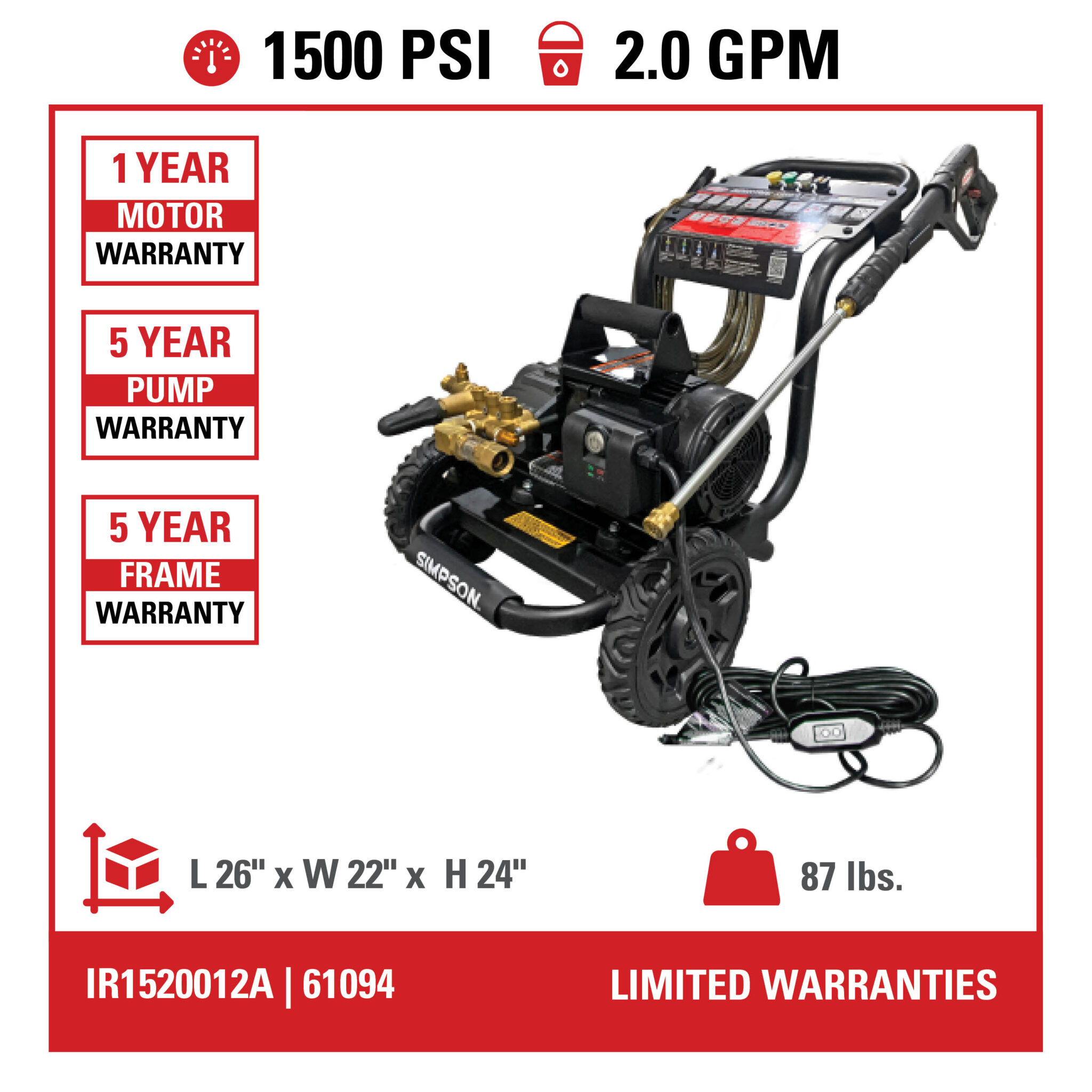 Electric series Power Washer IR1520012A - Part# 61094