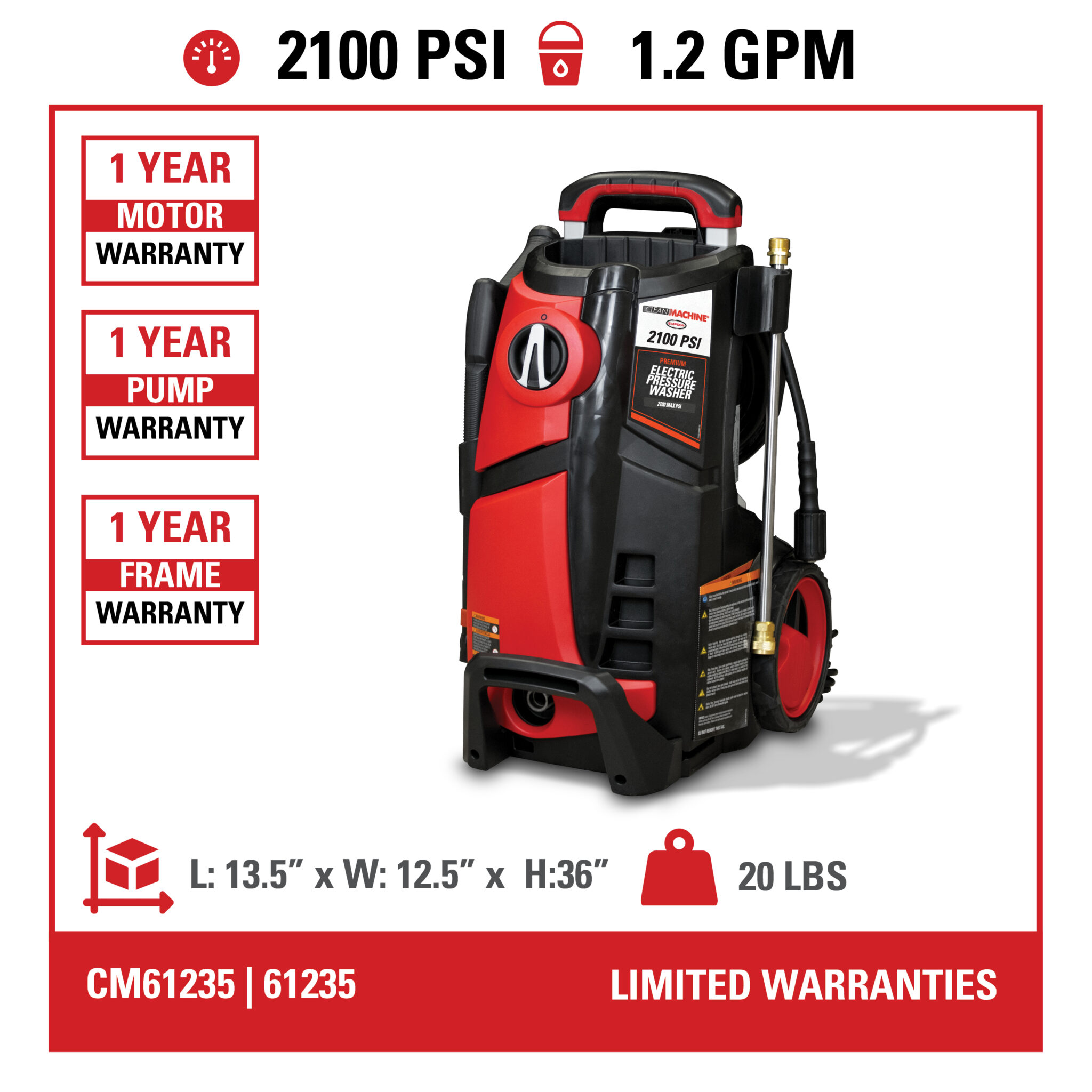 Clean Machine CM61235 2100 PSI at 1.2 GPM 120V