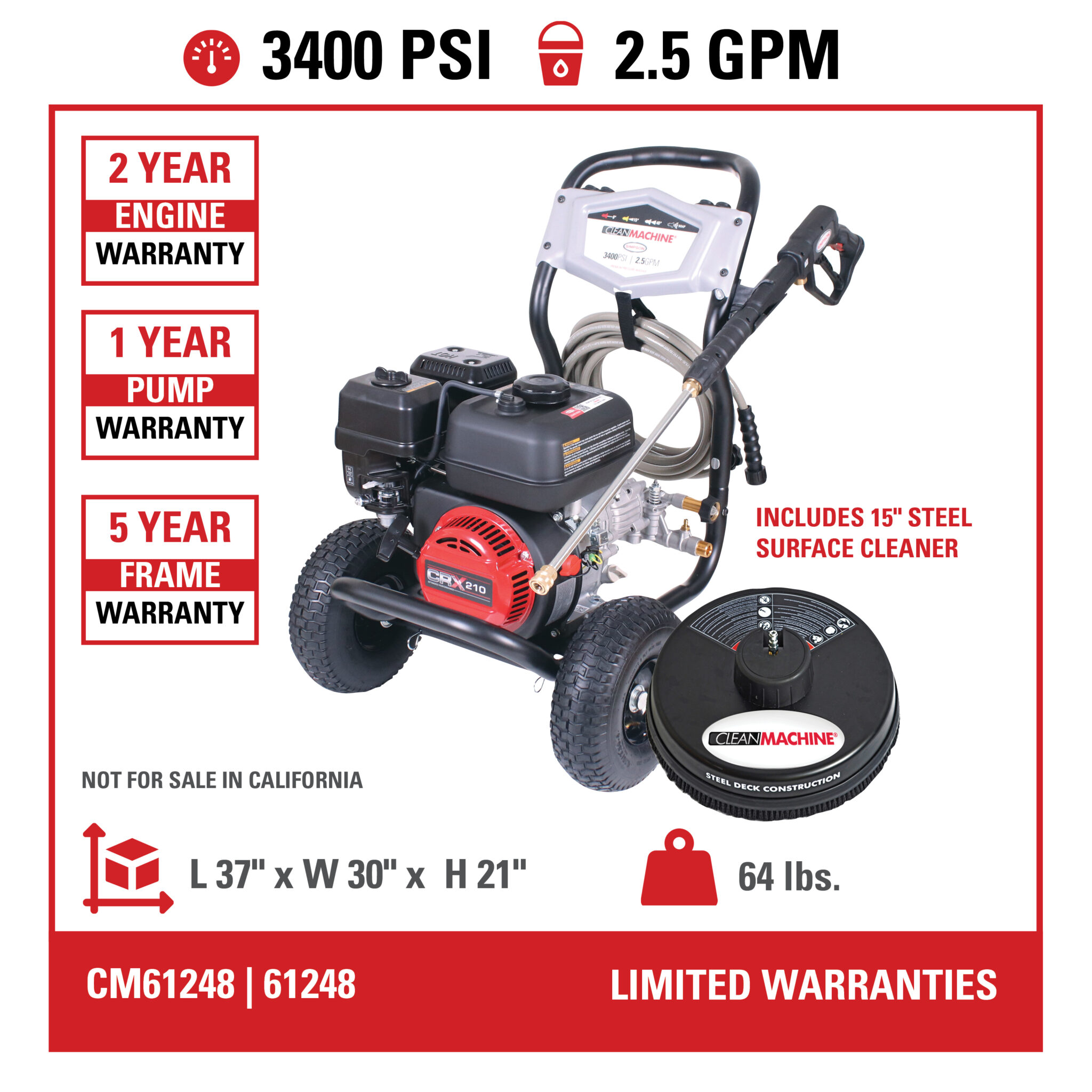 Clean Machine CM61248(-S) 49-State 3400 PSI at 2.5 GPM CRX®210