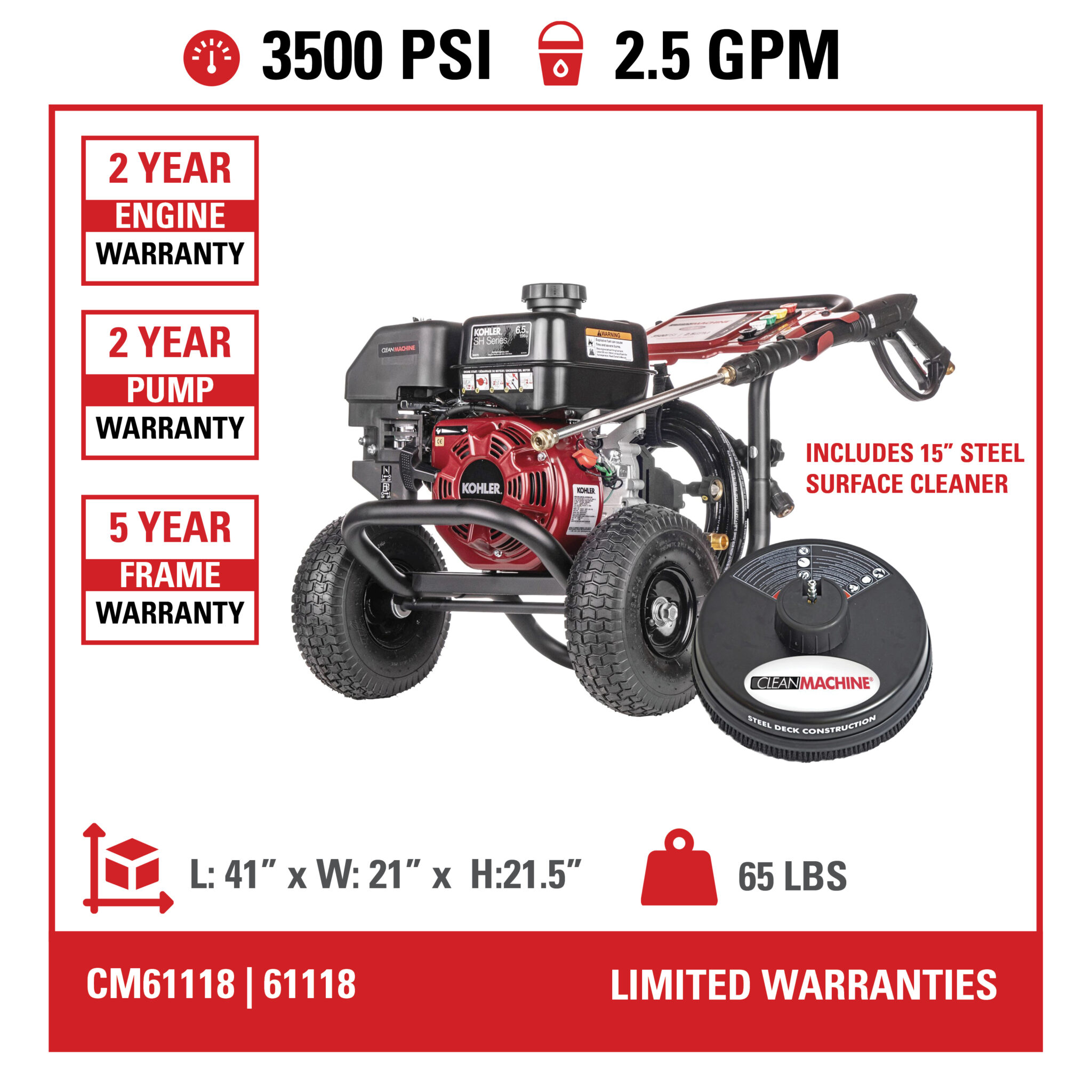 Clean Machine CM61118(-S) 50-State 3500 PSI at 2.5 GPM KOHLER® SH270 with AAA® AX300