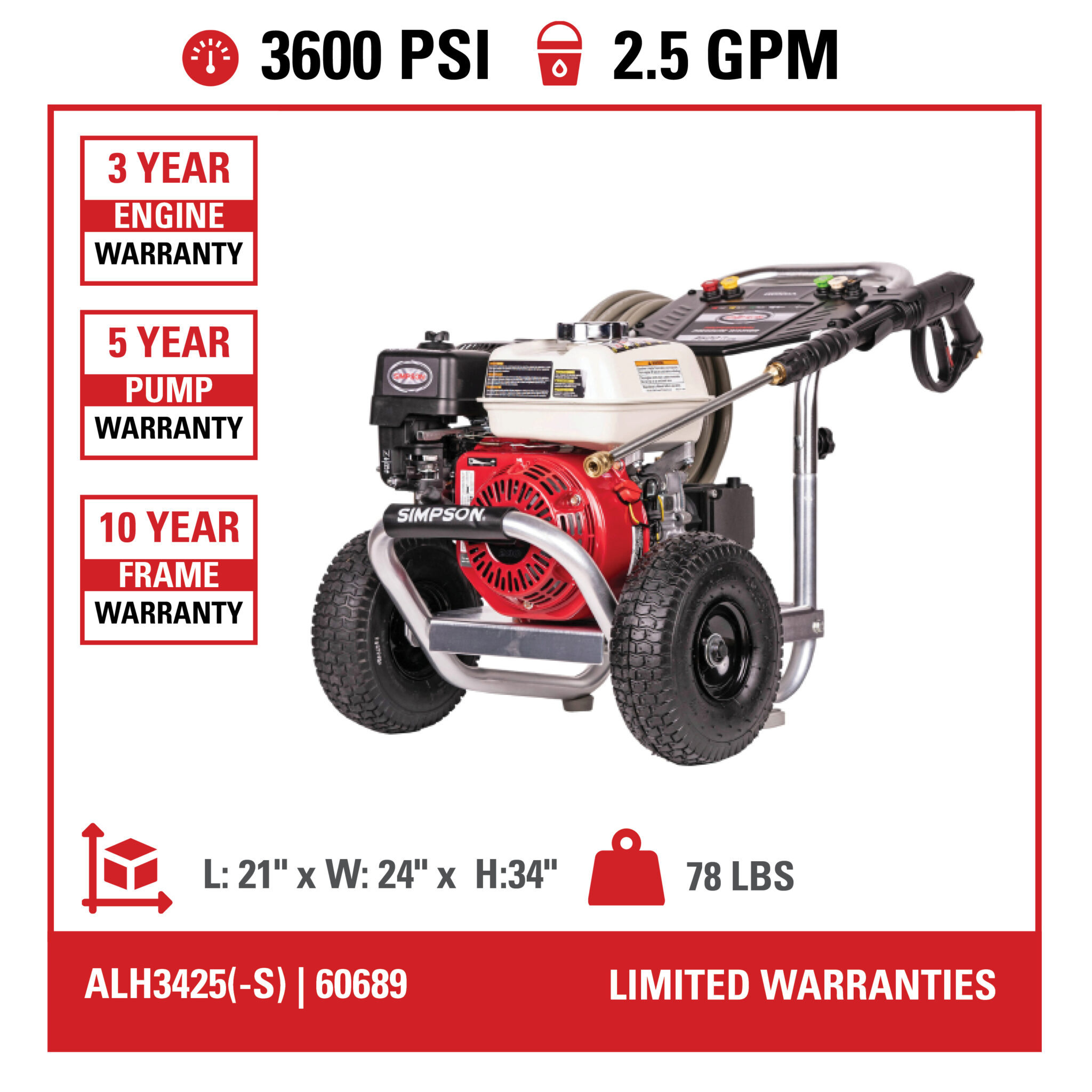 Aluminum ALH3425(-S) 49-State 3600 PSI at 2.5 GPM HONDA® GX200 - Part#60689