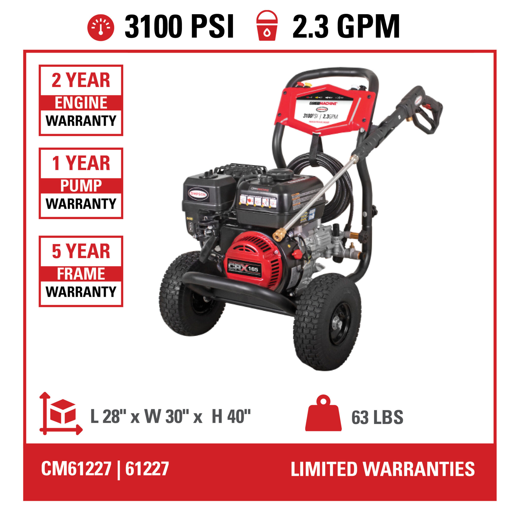 Clean Machine CM61227(-S) 49-State 3100 PSI at 2.3 GPM CRX®165