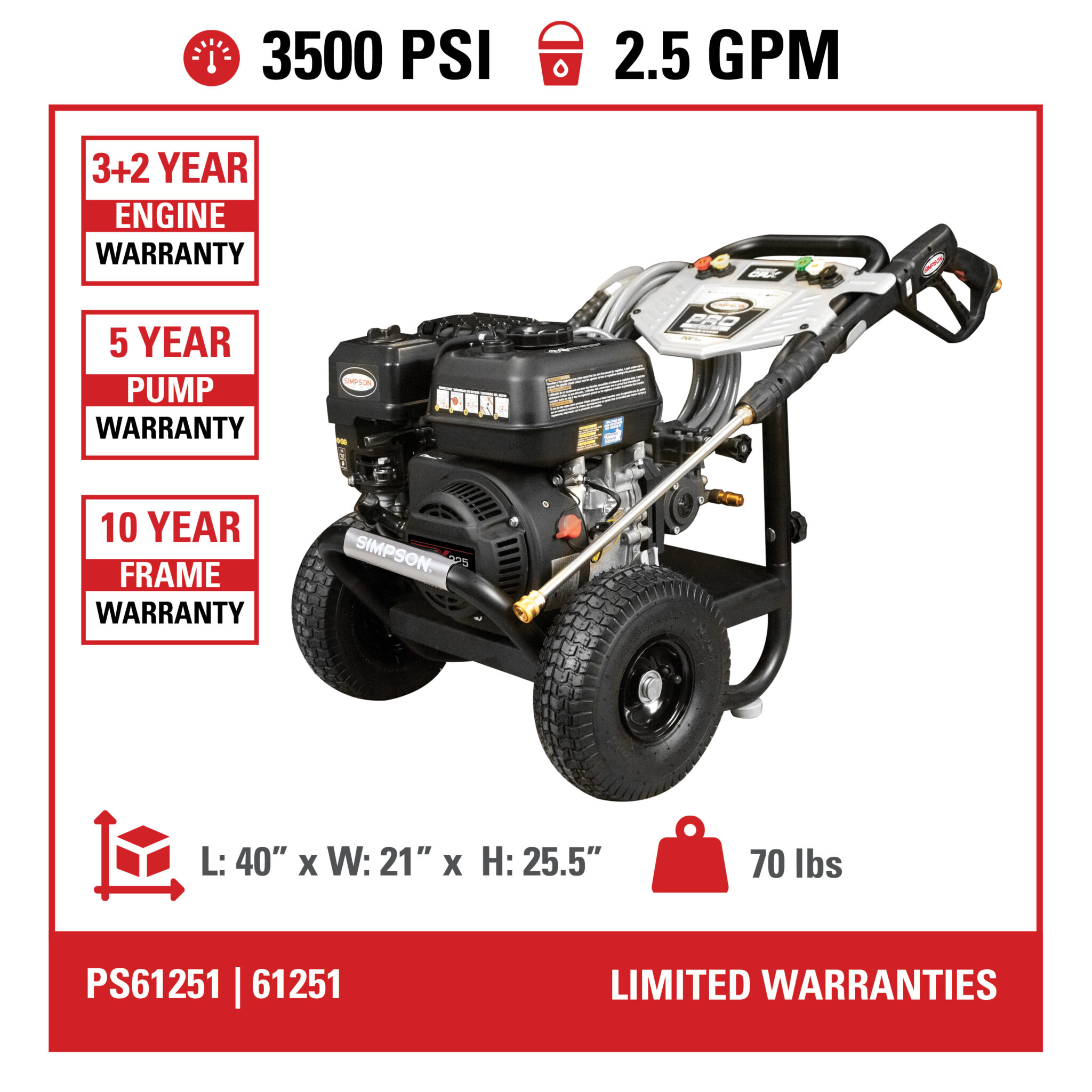 Pro Series Cold Water Power Washer PS61251 49-State 3500 PSI at 2.5 GPM - Part#61251