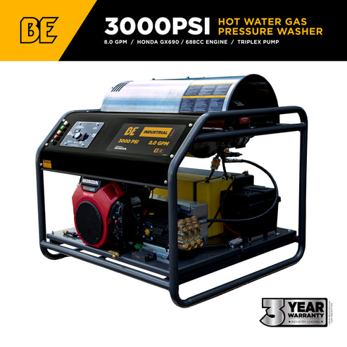 3,000 PSI 8.0GPM Hot Water Pressure Washer with Honda GX690 Engine and General Triplex Pump - HW3024HG12V