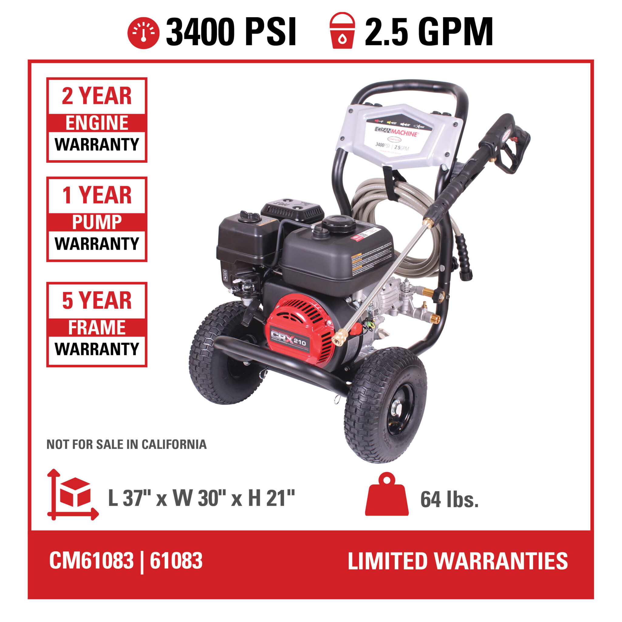 Clean Machine CM61083(-S) 49-State 3400 PSI at 2.5 GPM CRX® 210