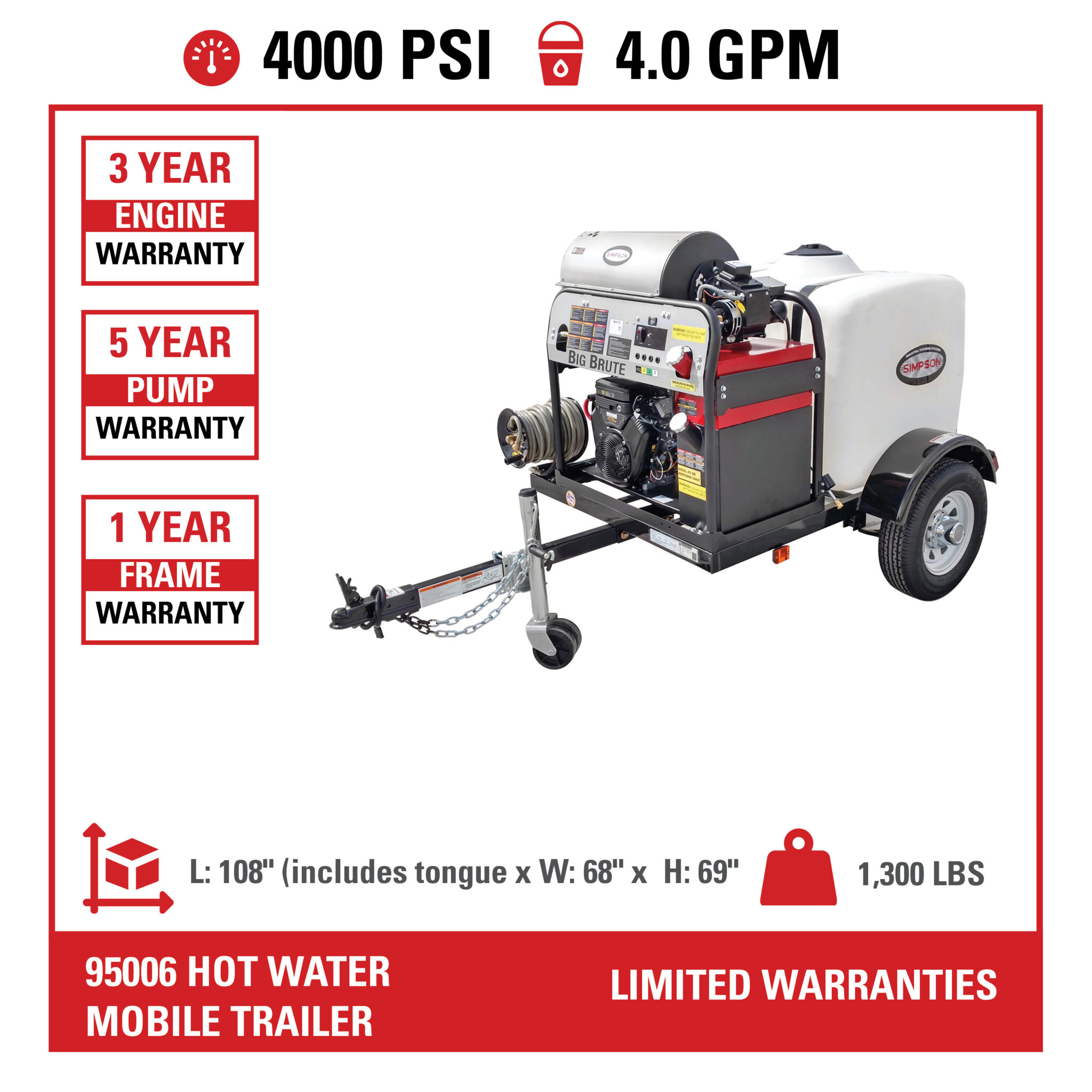 Simpson Mobile Trailer Hot Water Power Washer 95006 4000 PSI at 4.0 GPM
